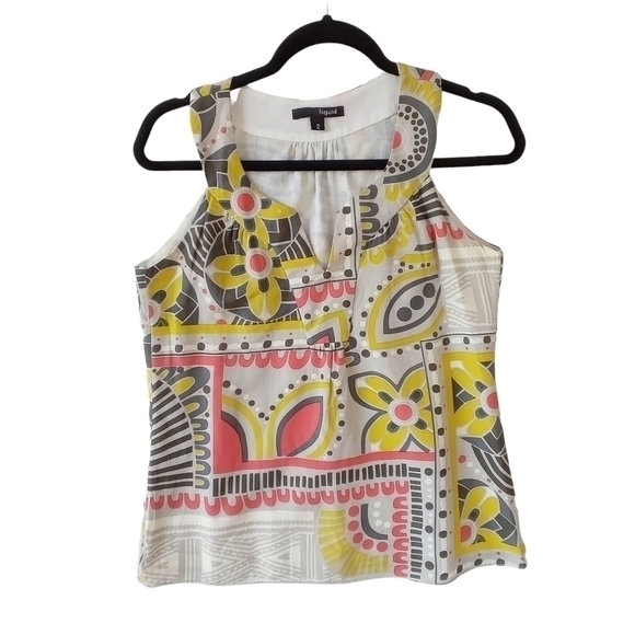 Liquid Silk Blend Floral Tank Top Women Size 2 XS Geometric Lightweight USA Made - Picture 1 of 13